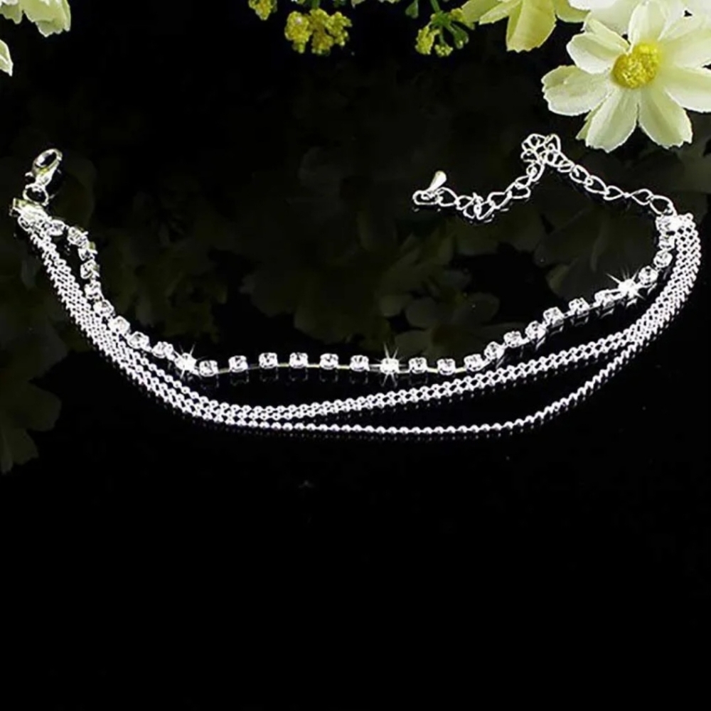 Silver Beaded Rhinestone Chain Tiers Tiered Layered Tennis Ankle Bracelet Anklet - Picture 5 of 16
